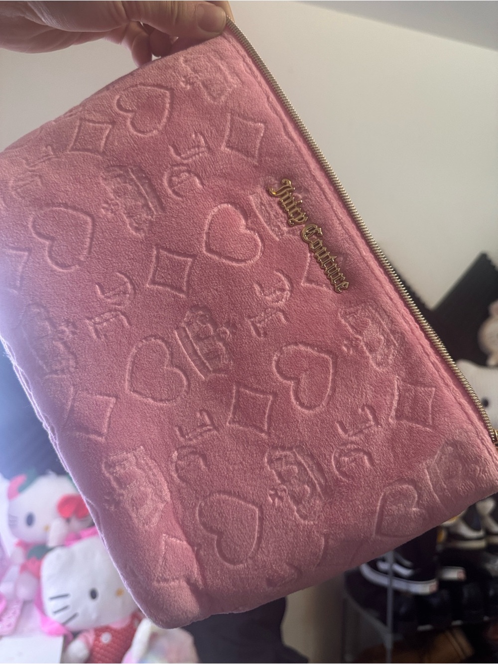 Juicy Couture Pink Velvet Embossed Cosmetic Pouch with Gold Logo